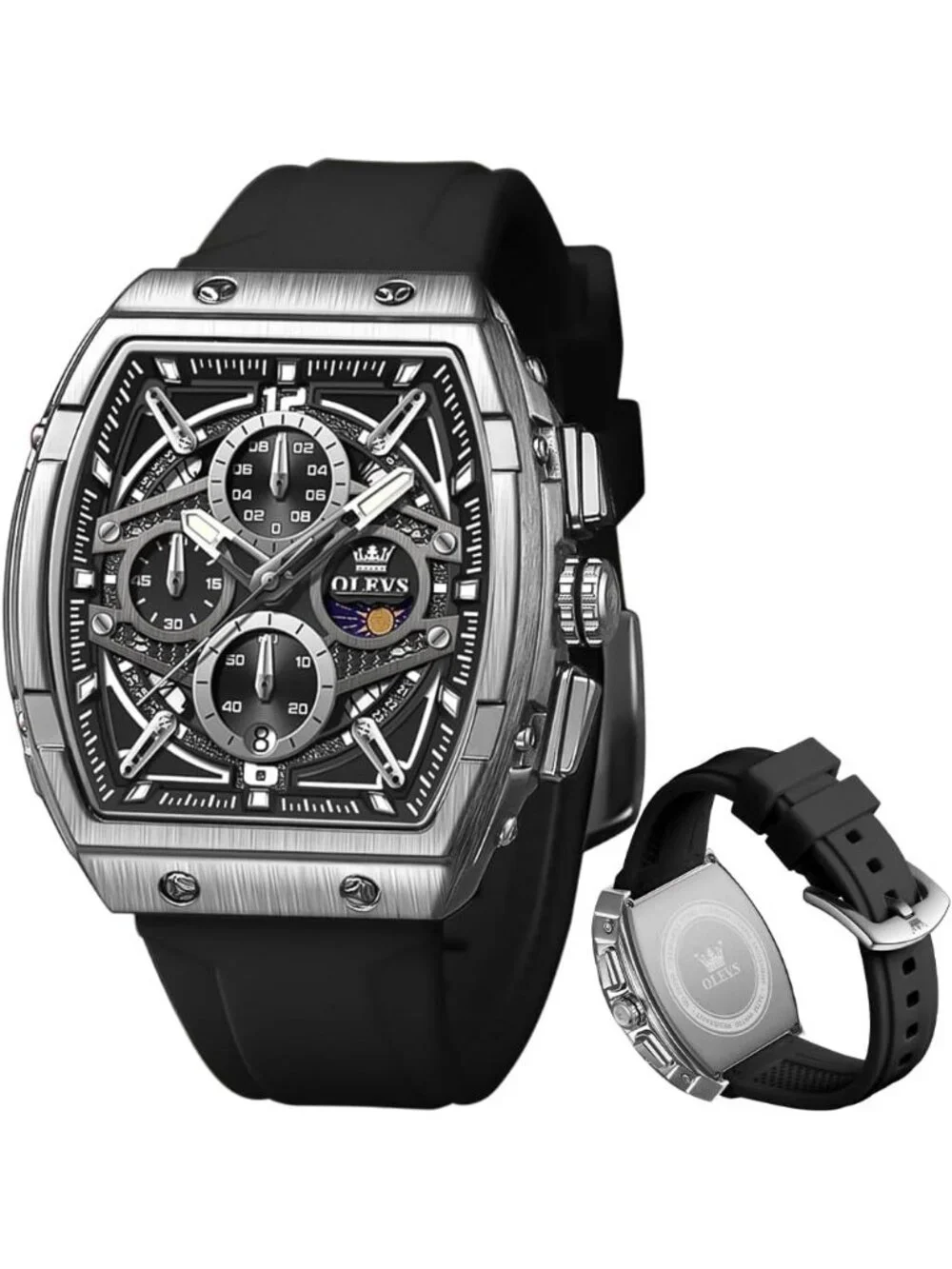 Men's Silver Black Chronograph Big Square Analog Silicone Strap Waterproof Watch